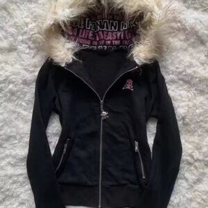 Y2K Black Fur Collar Zipper Sweatshirt Hoodie